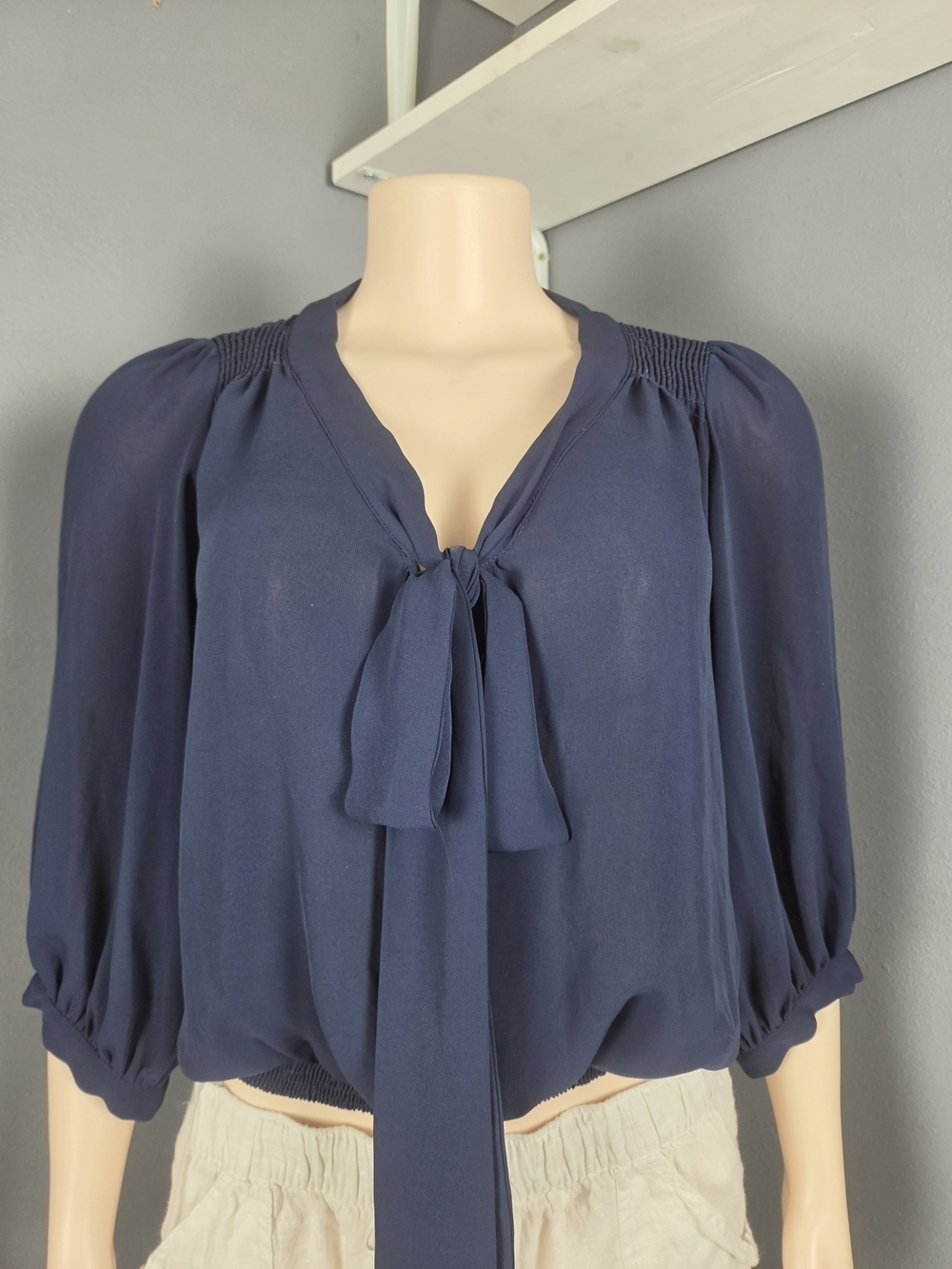 Zara Navy Tie-Front Puff Sleeve Blouse